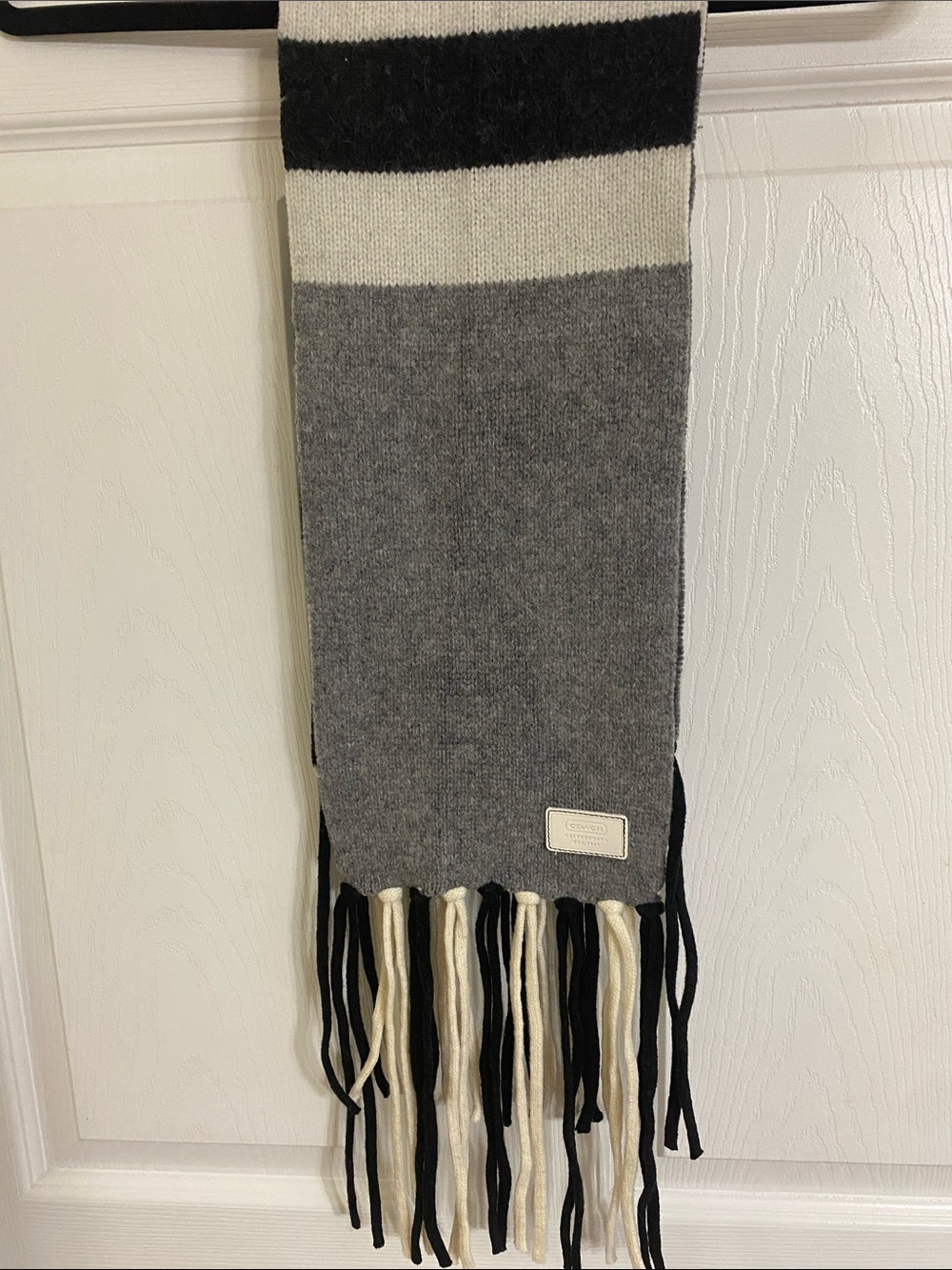 Vintage Coach Leatherware Gray, Cream & Black Striped Fringe Scarf